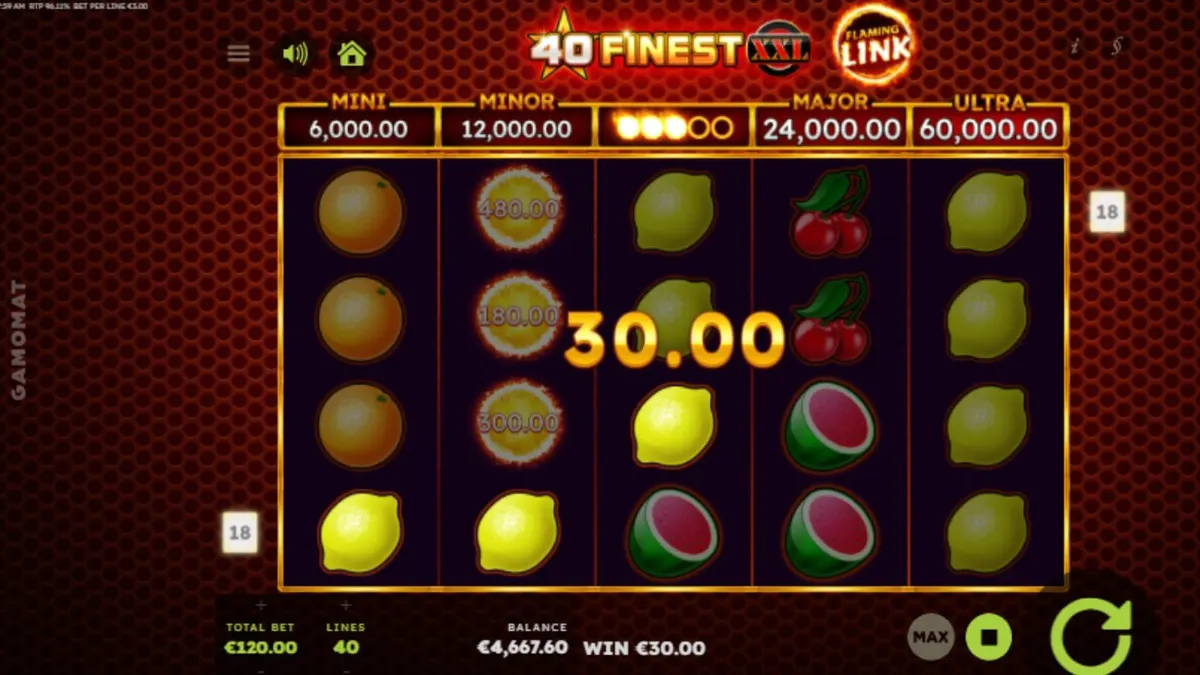 Tampilan visual slot 40 Finest XXL Flaming Link dengan elemen api dan simbol buah klasik.